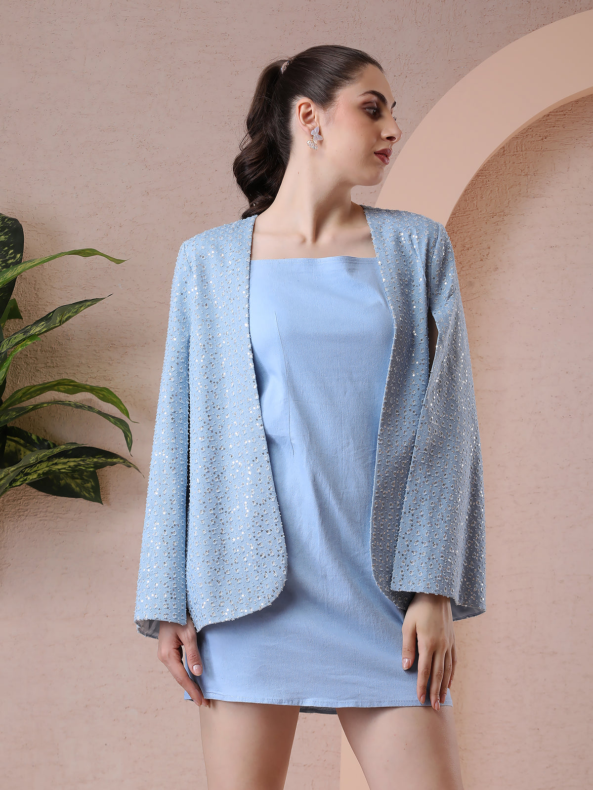 Powder Blue Denim Dress with Sequin Cape — product photo