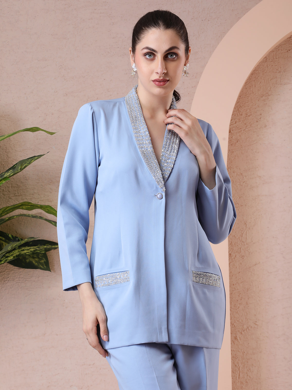 Powder Blue Blazer-Style Coord Set with Cutdana Embroidery — product photo