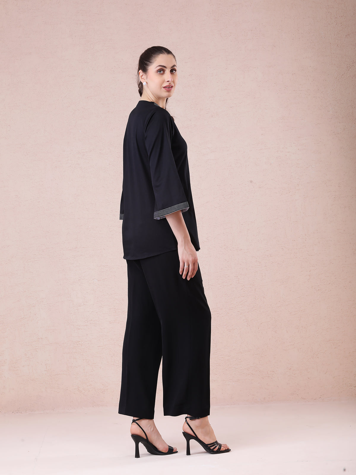 Black Modal Satin Coord Set with Appliqué & Hand Embroidery — product photo