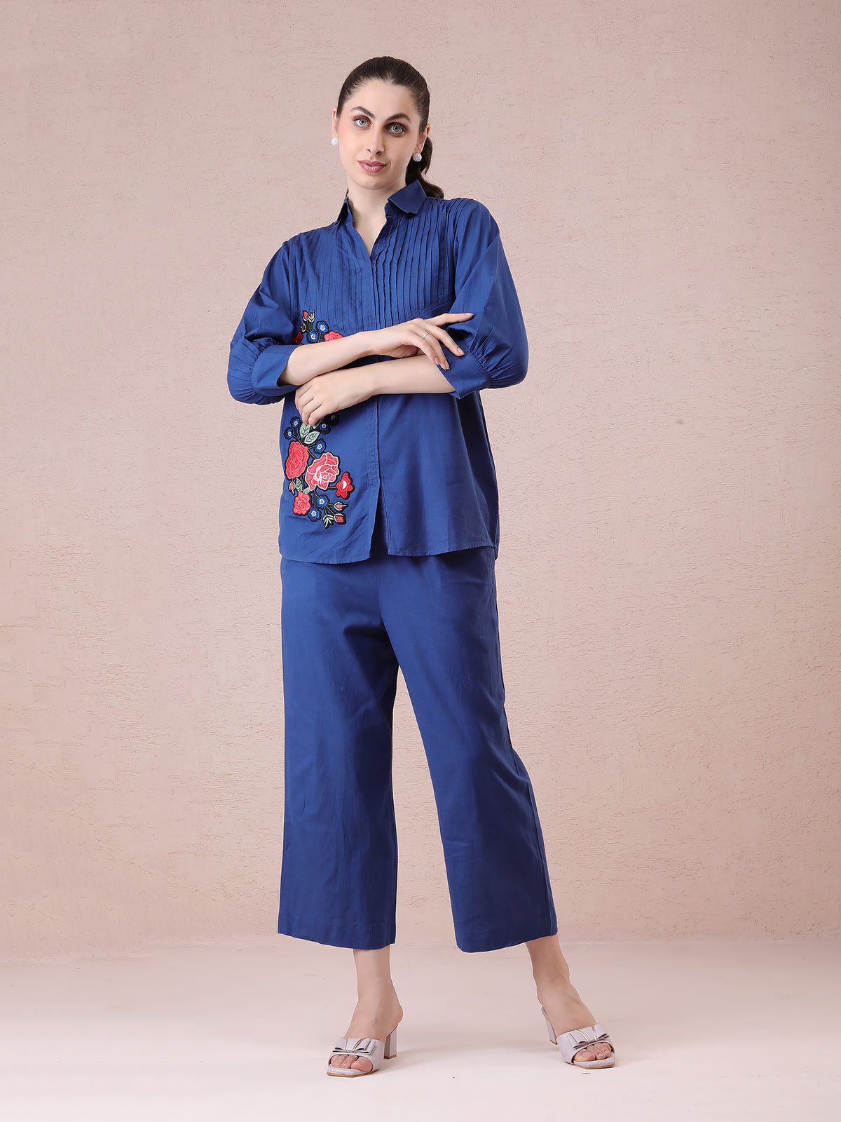 Cotton Linen Navy Blue Coord Set with Multicolored Appliqué Embroidery & Straight Pants — product photo