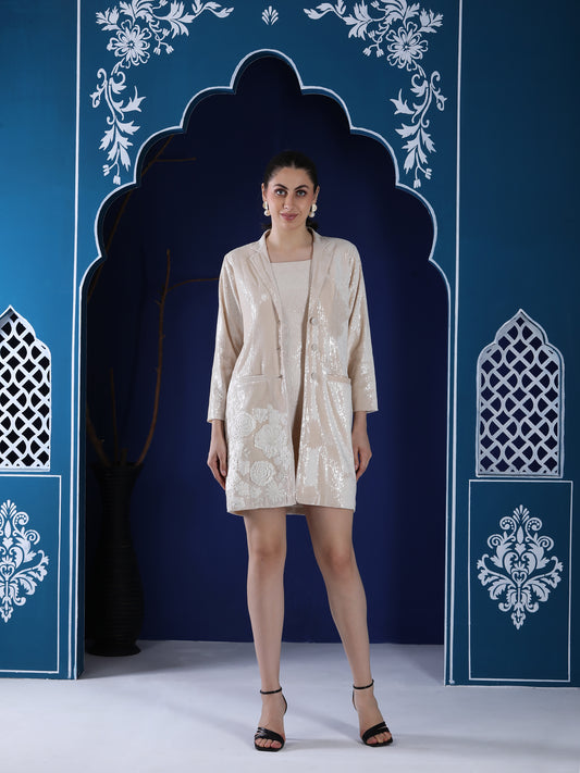 Off-White Sequin Dress & Blazer Set with Appliqué Embroidery