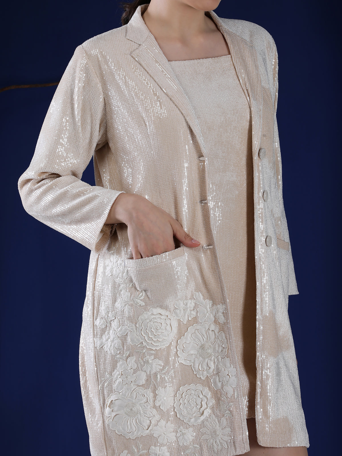 Off-White Sequin Dress & Blazer Set with Appliqué Embroidery — product photo