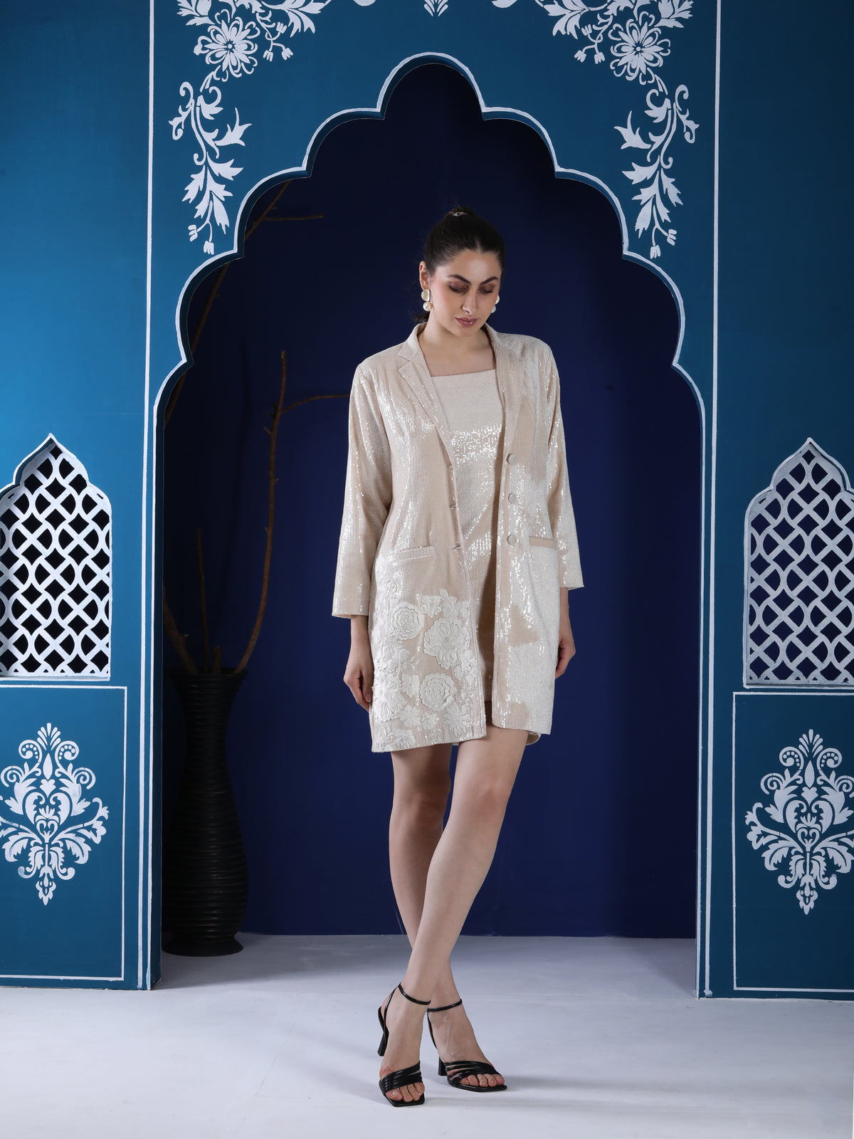 Off-White Sequin Dress & Blazer Set with Appliqué Embroidery — product photo