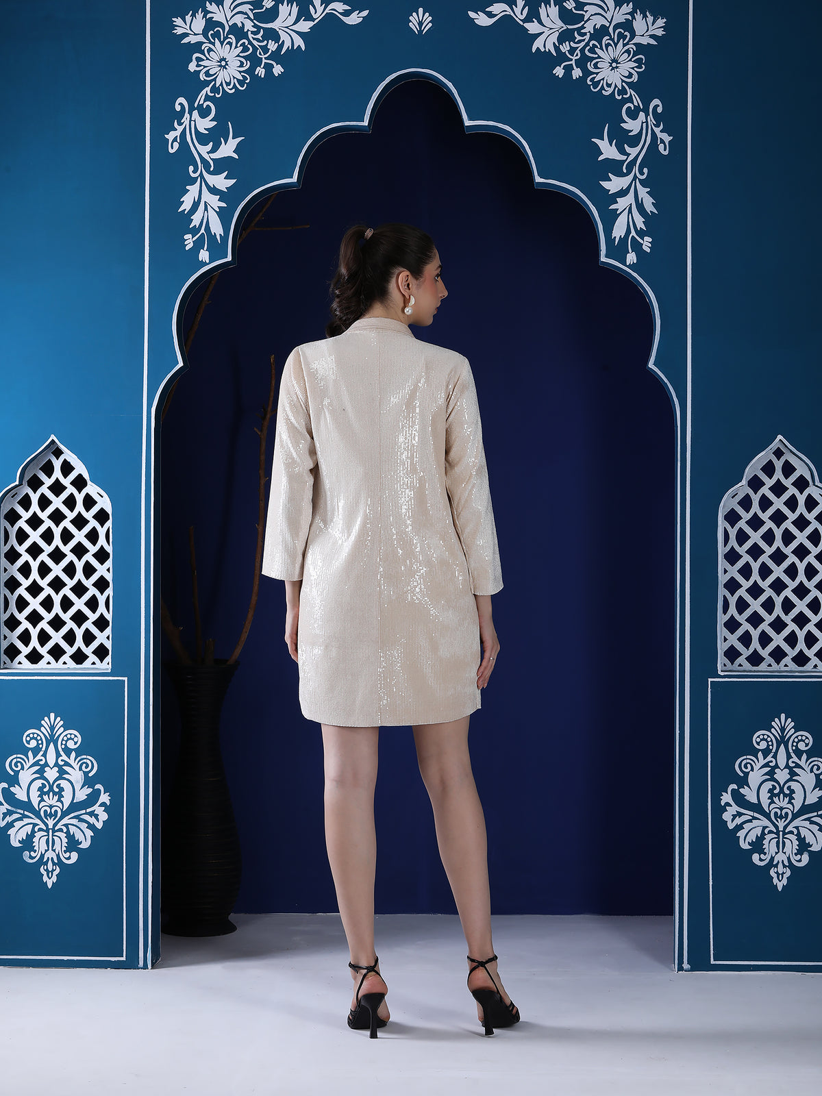 Off-White Sequin Dress & Blazer Set with Appliqué Embroidery — product photo