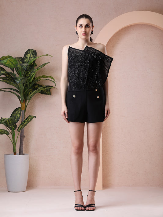 Black Sequin Fabric Designer Top with Wired Detailing