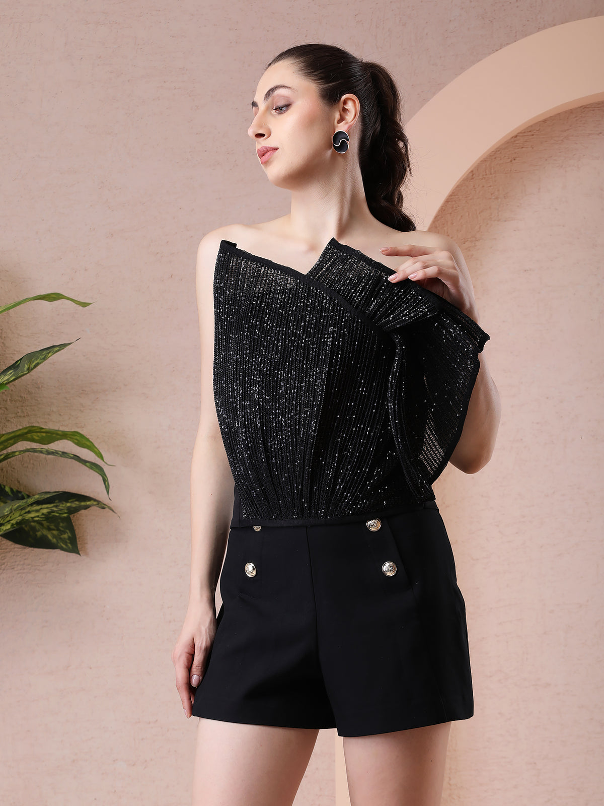Black Sequin Fabric Designer Top with Wired Detailing — product photo