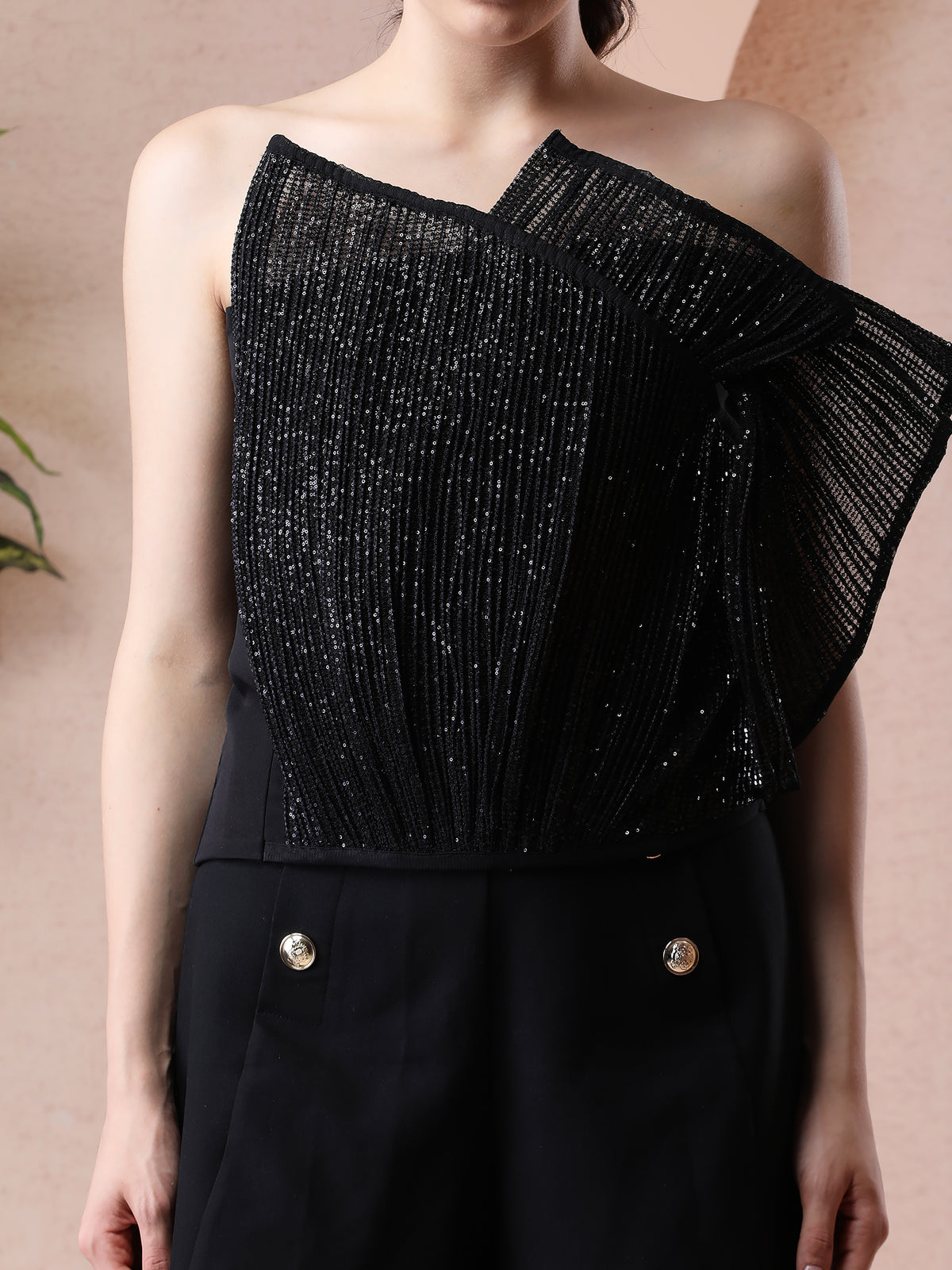 Black Sequin Fabric Designer Top with Wired Detailing — product photo