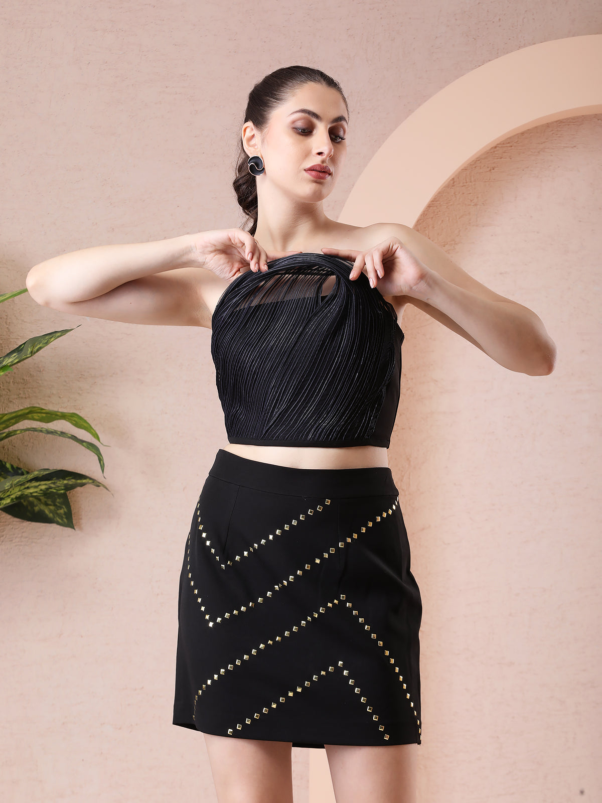 Black Organza Wired Top with Designer Patterns & Banana Crepe Studded Skirt — product photo