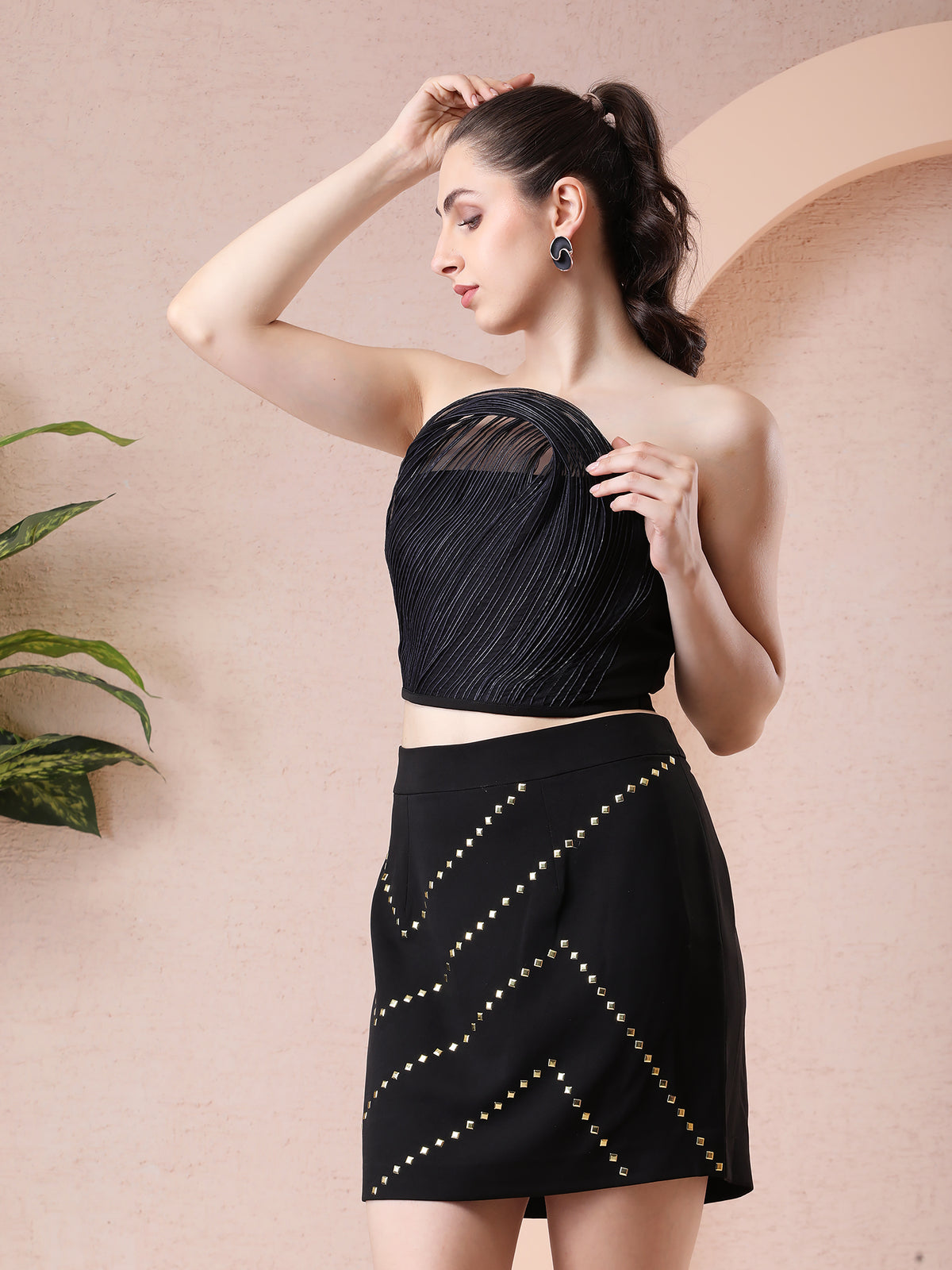 Black Organza Wired Top with Designer Patterns & Banana Crepe Studded Skirt — product photo