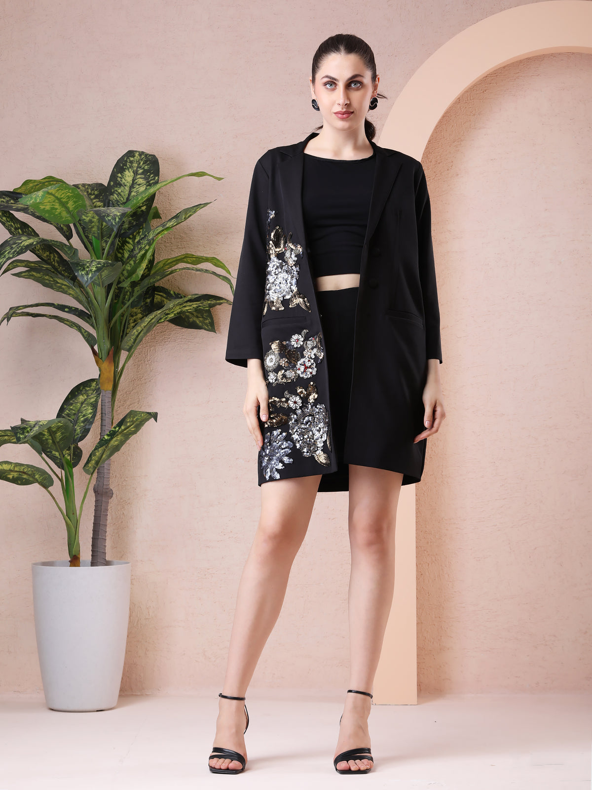 Black Banana Crepe Dress & Blazer Set with Hand Embroidery — product photo