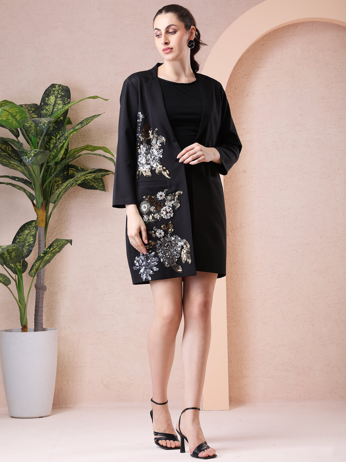 Black Banana Crepe Dress & Blazer Set with Hand Embroidery — product photo