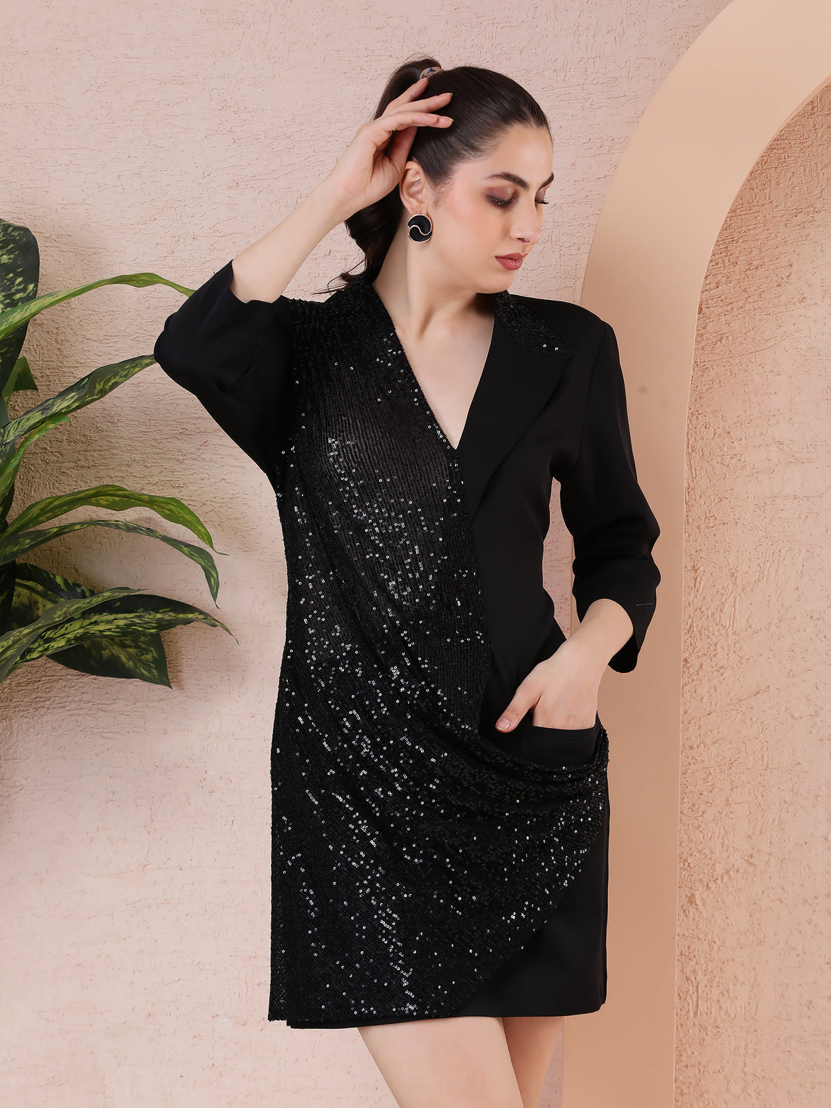 Black Banana Crepe Dress with Sequin Drape — product photo