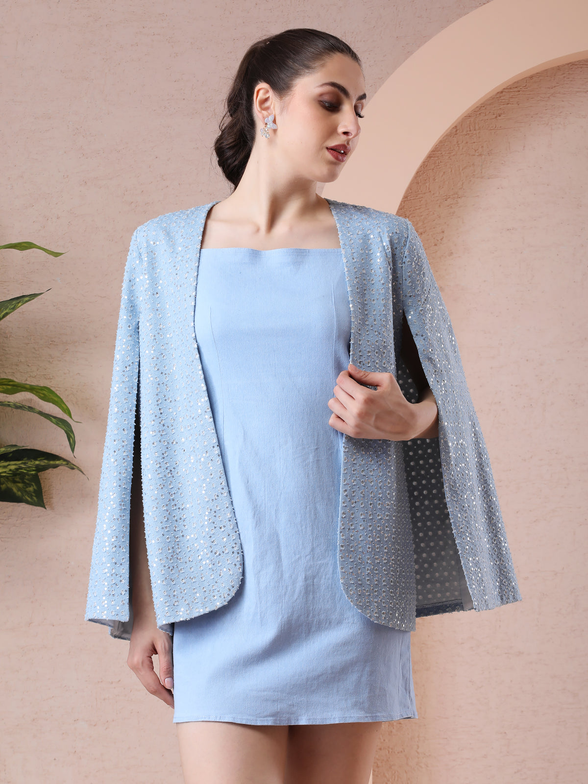 Powder Blue Denim Dress with Sequin Cape — product photo