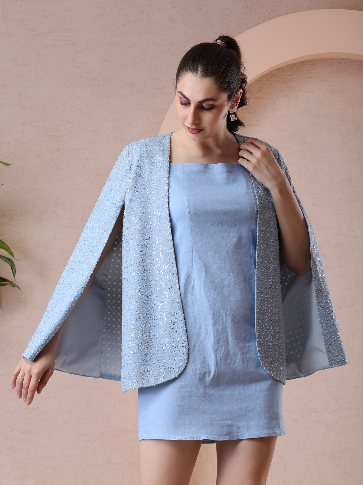 Powder Blue Denim Dress with Sequin Cape — product photo