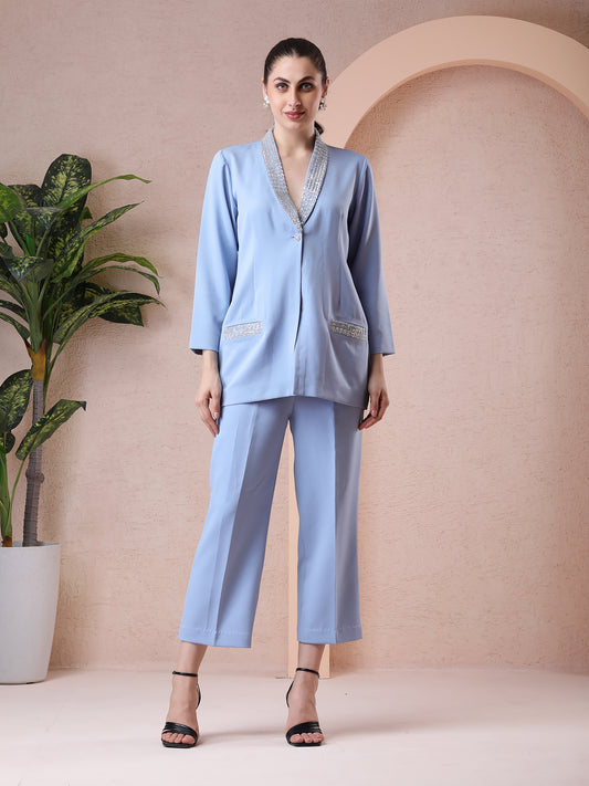 Powder Blue Blazer-Style Coord Set with Cutdana Embroidery