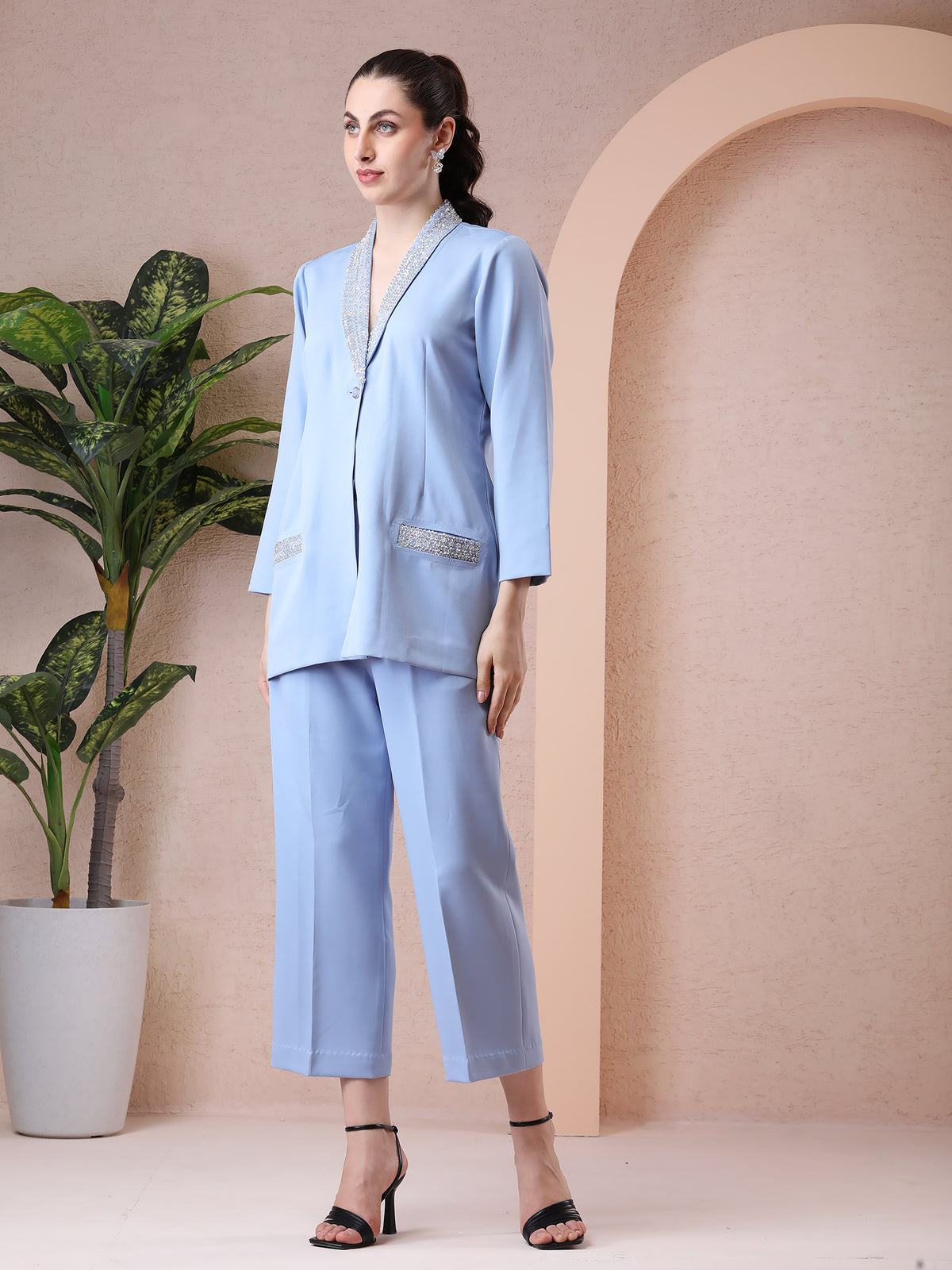 Powder Blue Blazer-Style Coord Set with Cutdana Embroidery — product photo