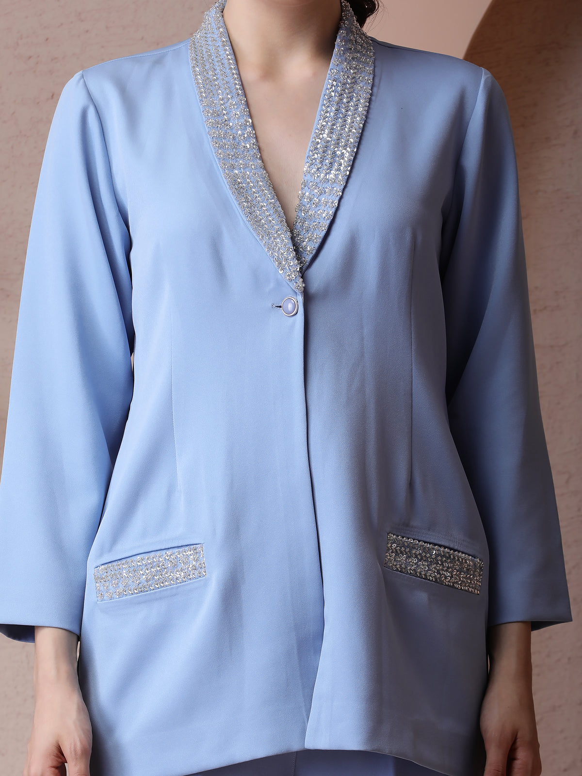Powder Blue Blazer-Style Coord Set with Cutdana Embroidery — product photo