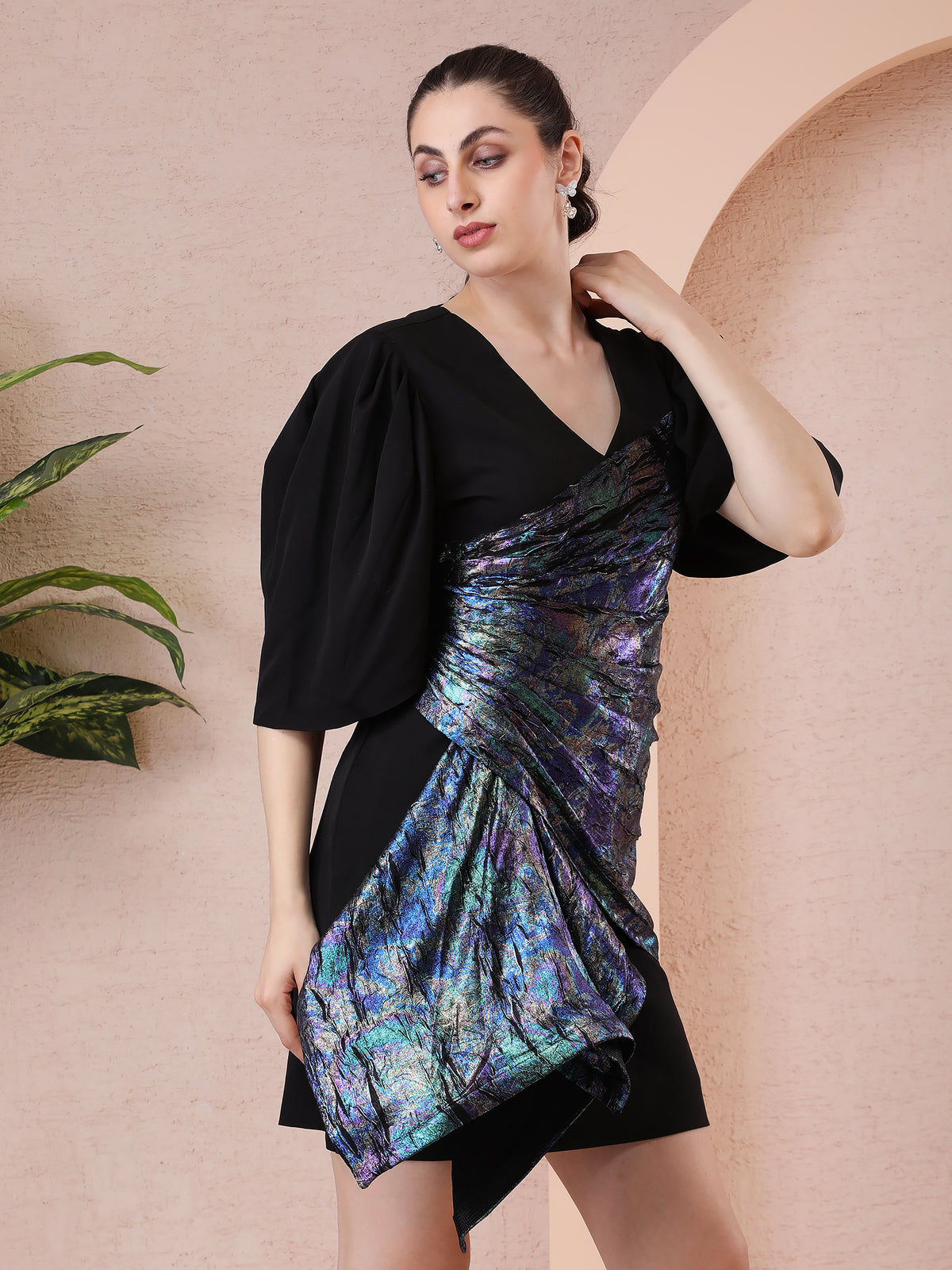 Black Banana Crepe Dress with Multicolored Foil Fabric Drape — product photo