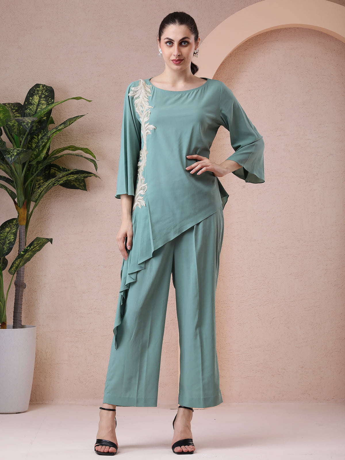 Mint Green Asymmetrical Georgette Ensemble with Hand & Thread Embroidery