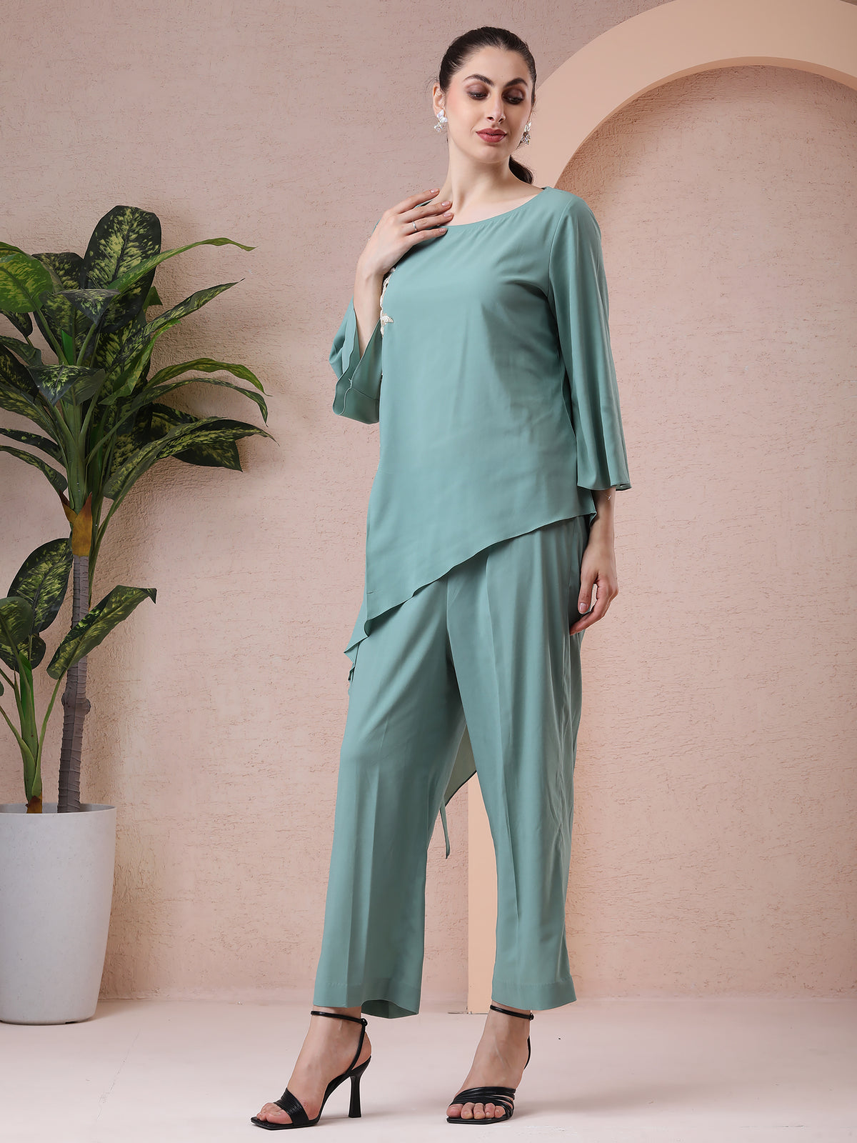 Mint Green Asymmetrical Georgette Ensemble with Hand & Thread Embroidery — product photo