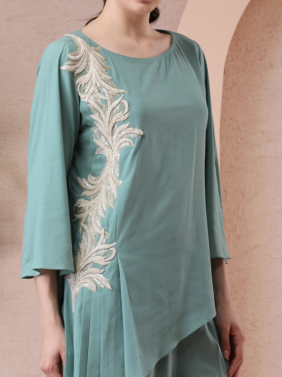 Mint Green Asymmetrical Georgette Ensemble with Hand & Thread Embroidery — product photo