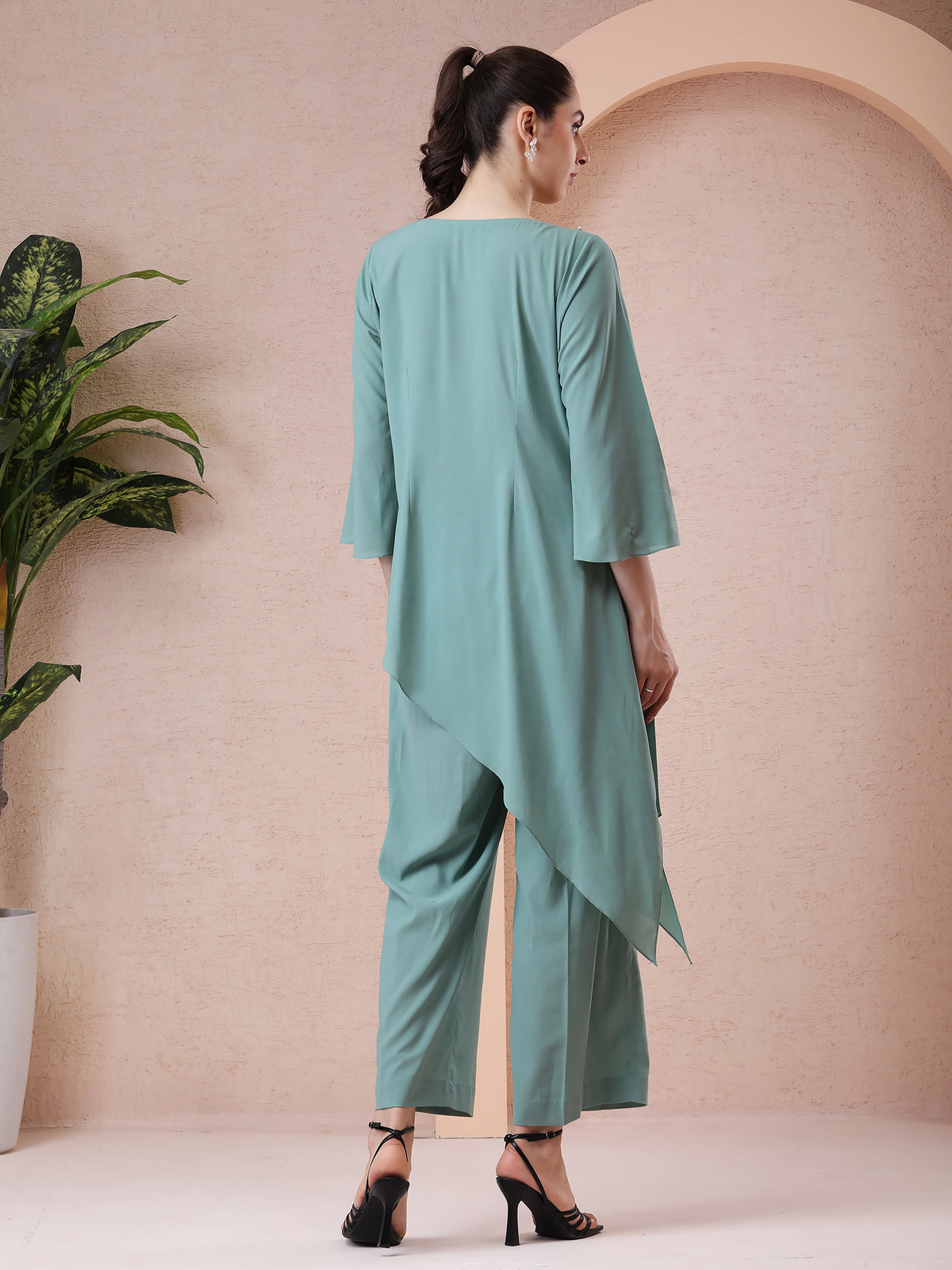 Mint Green Asymmetrical Georgette Ensemble with Hand & Thread Embroidery — product photo