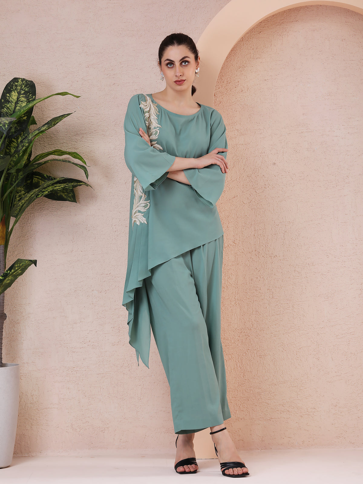 Mint Green Asymmetrical Georgette Ensemble with Hand & Thread Embroidery — product photo