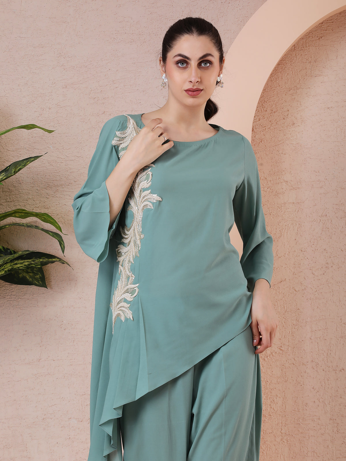Mint Green Asymmetrical Georgette Ensemble with Hand & Thread Embroidery — product photo