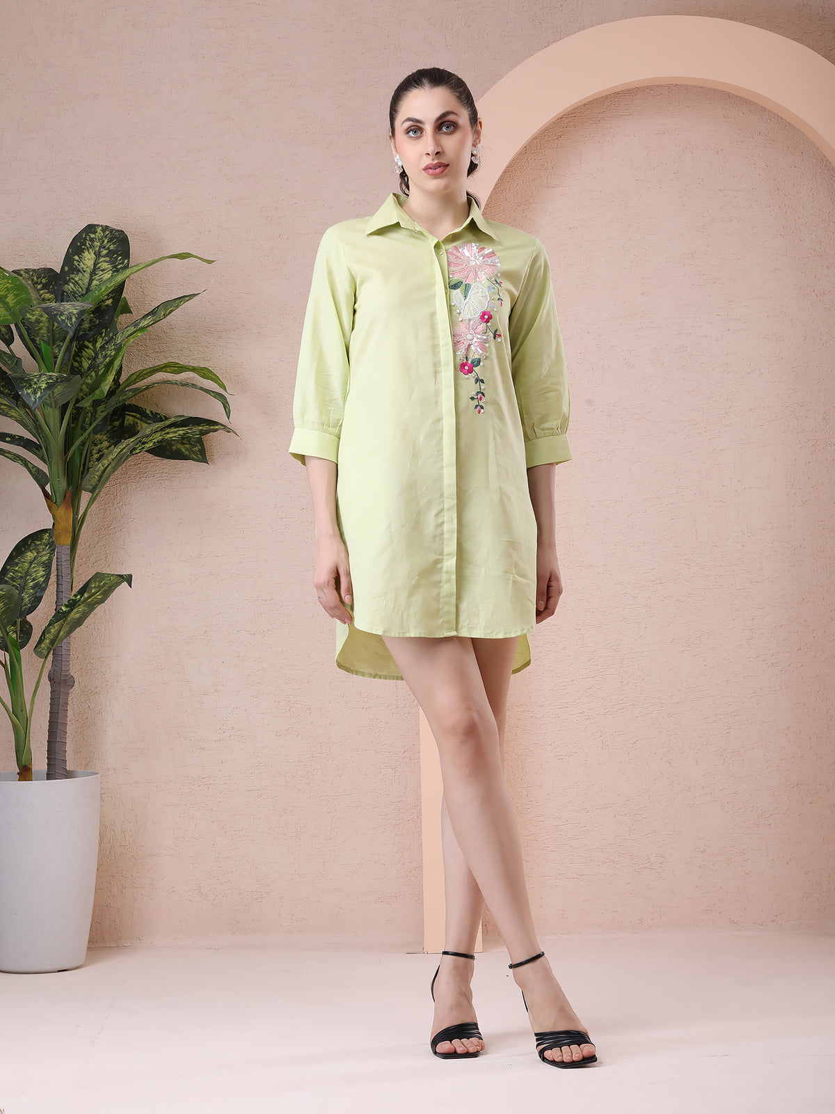 Lime Green Pure Linen Shirt Dress with Hand Embroidery
