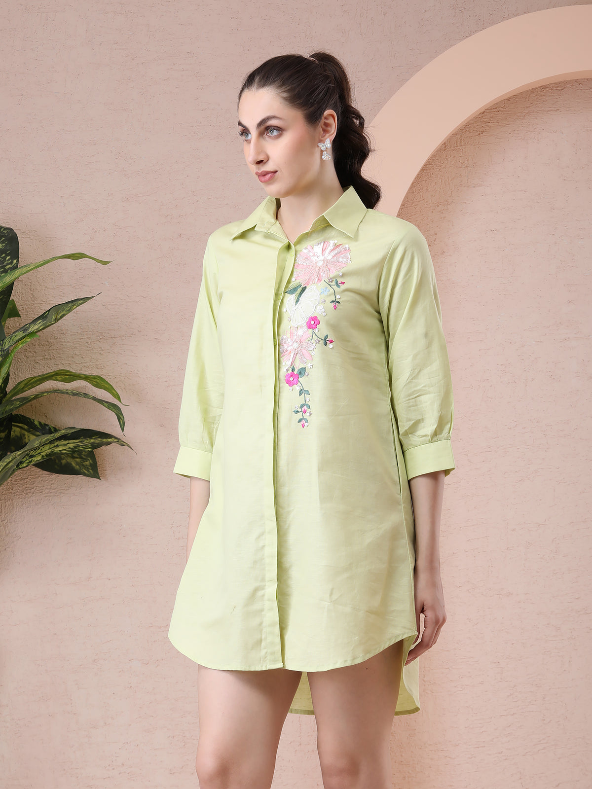 Lime Green Pure Linen Shirt Dress with Hand Embroidery — product photo