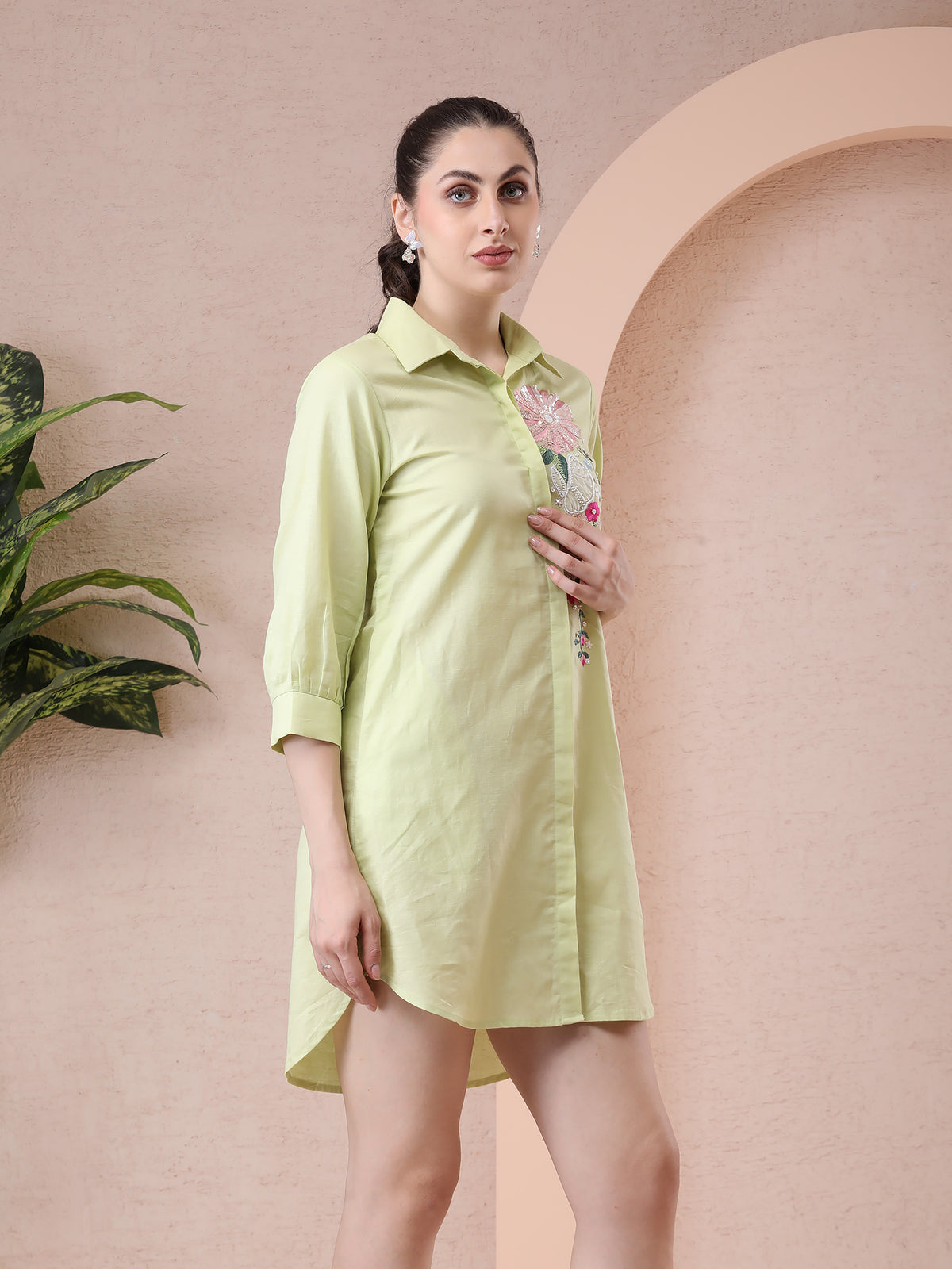 Lime Green Pure Linen Shirt Dress with Hand Embroidery — product photo