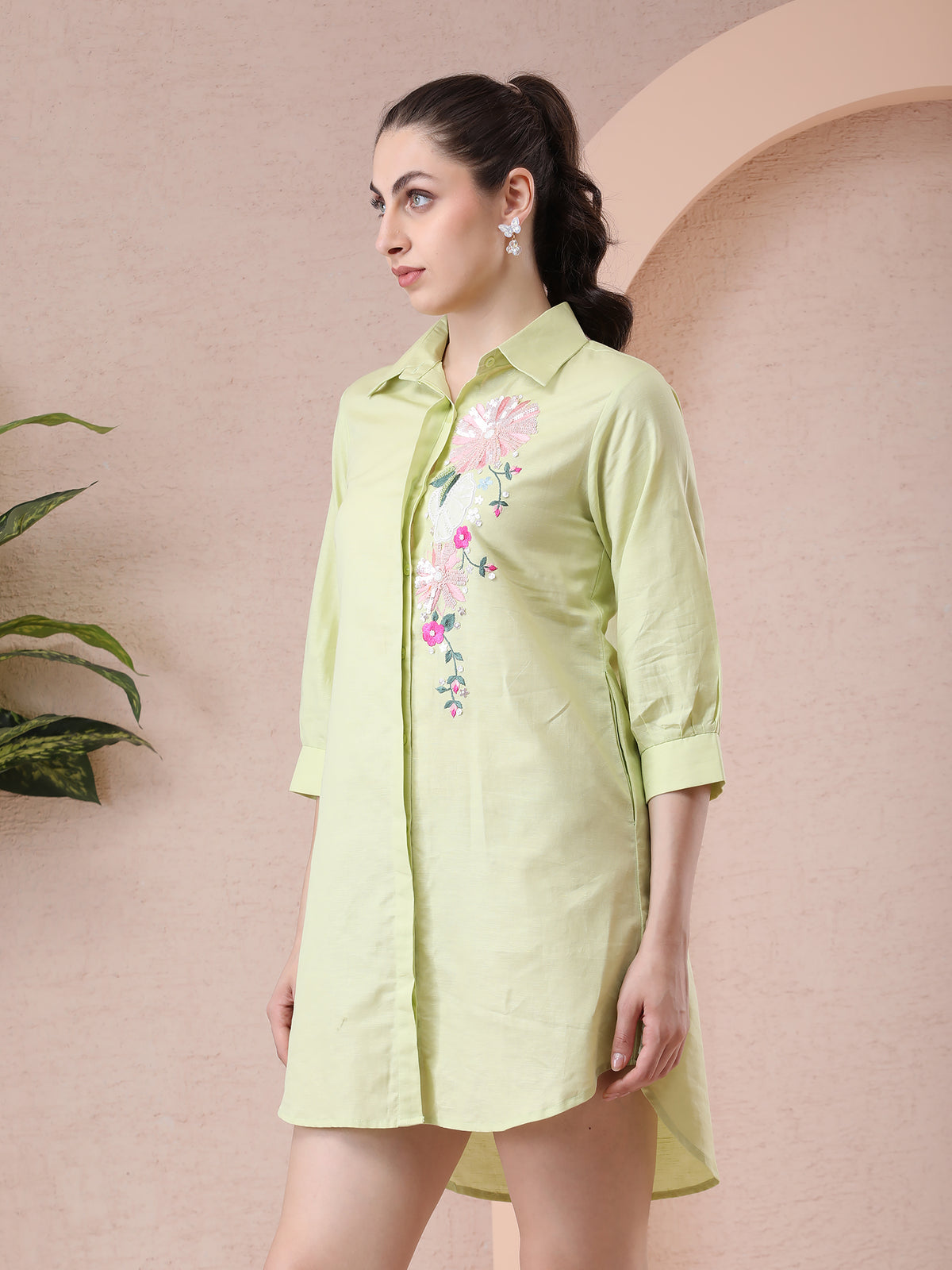 Lime Green Pure Linen Shirt Dress with Hand Embroidery — product photo