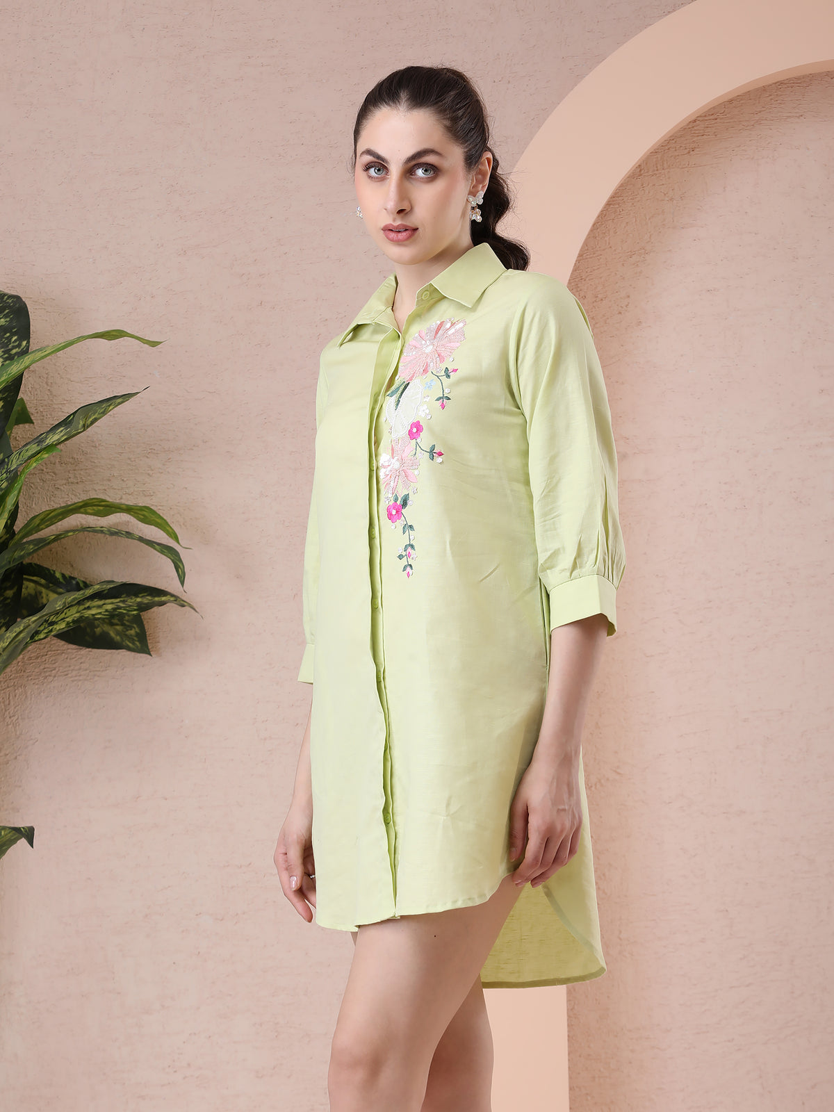Lime Green Pure Linen Shirt Dress with Hand Embroidery — product photo