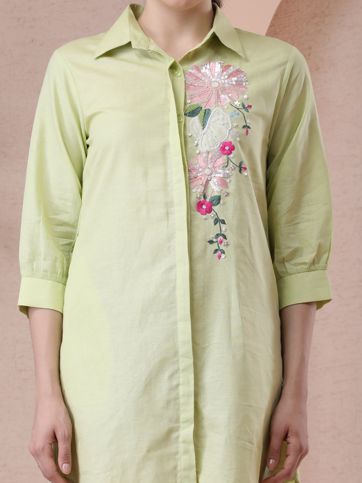Lime Green Pure Linen Shirt Dress with Hand Embroidery — product photo