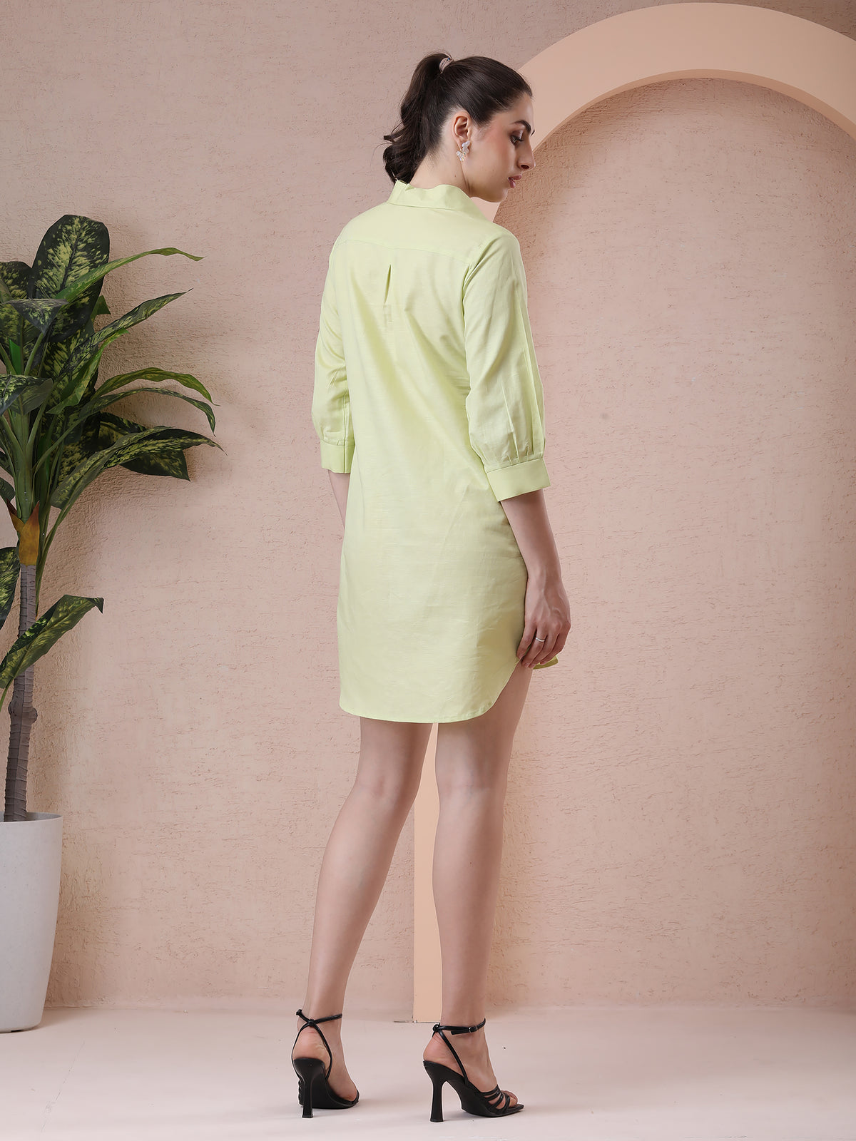 Lime Green Pure Linen Shirt Dress with Hand Embroidery — product photo