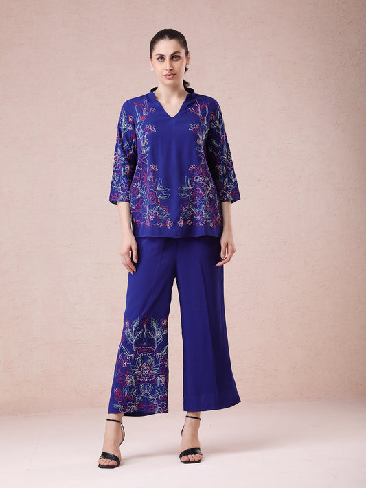 Royal Blue Georgette Coord Set with Multicolour Embroidery