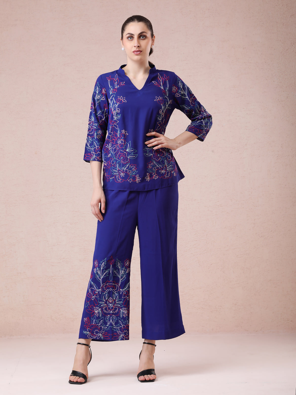 Royal Blue Georgette Coord Set with Multicolour Embroidery — product photo