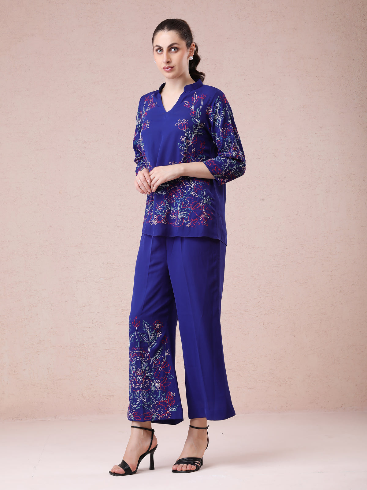 Royal Blue Georgette Coord Set with Multicolour Embroidery — product photo