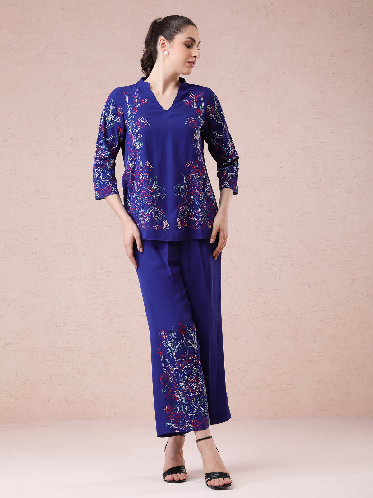 Royal Blue Georgette Coord Set with Multicolour Embroidery — product photo
