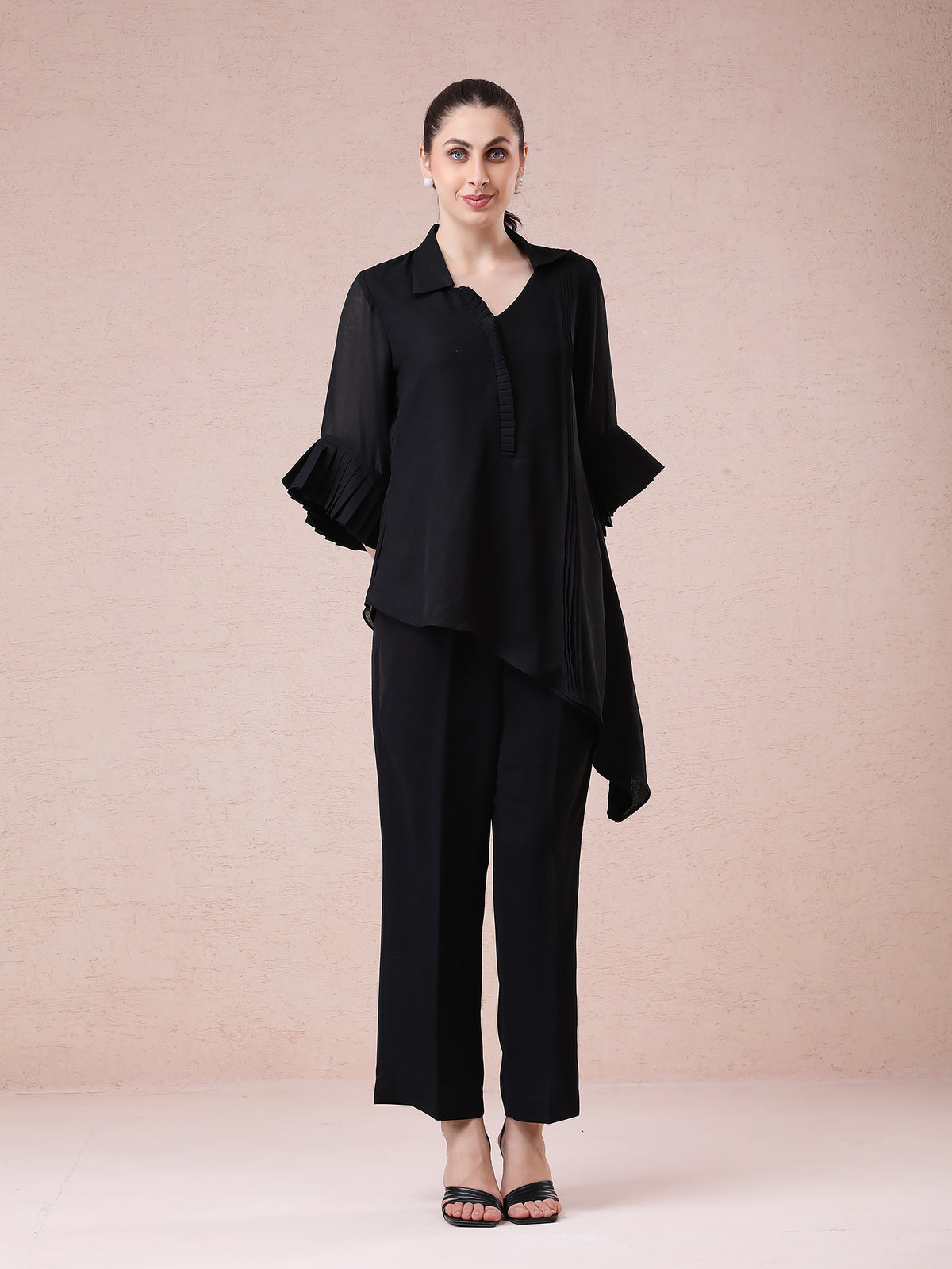 Black Linen Crepe Asymmetrical Set with Stylish Sleeves