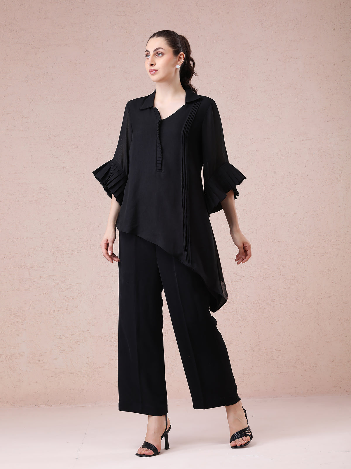 Black Linen Crepe Asymmetrical Set with Stylish Sleeves — product photo