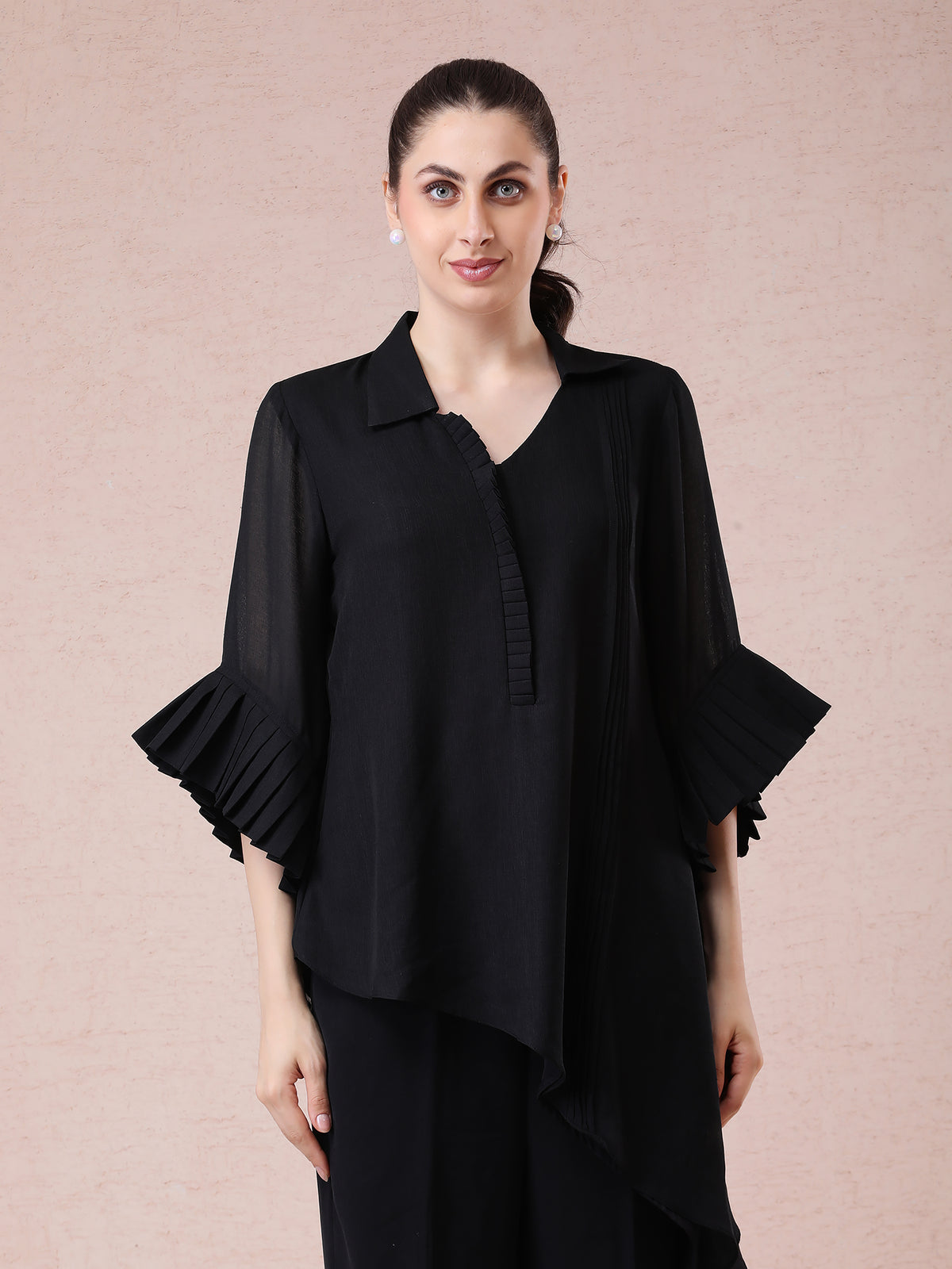 Black Linen Crepe Asymmetrical Set with Stylish Sleeves — product photo