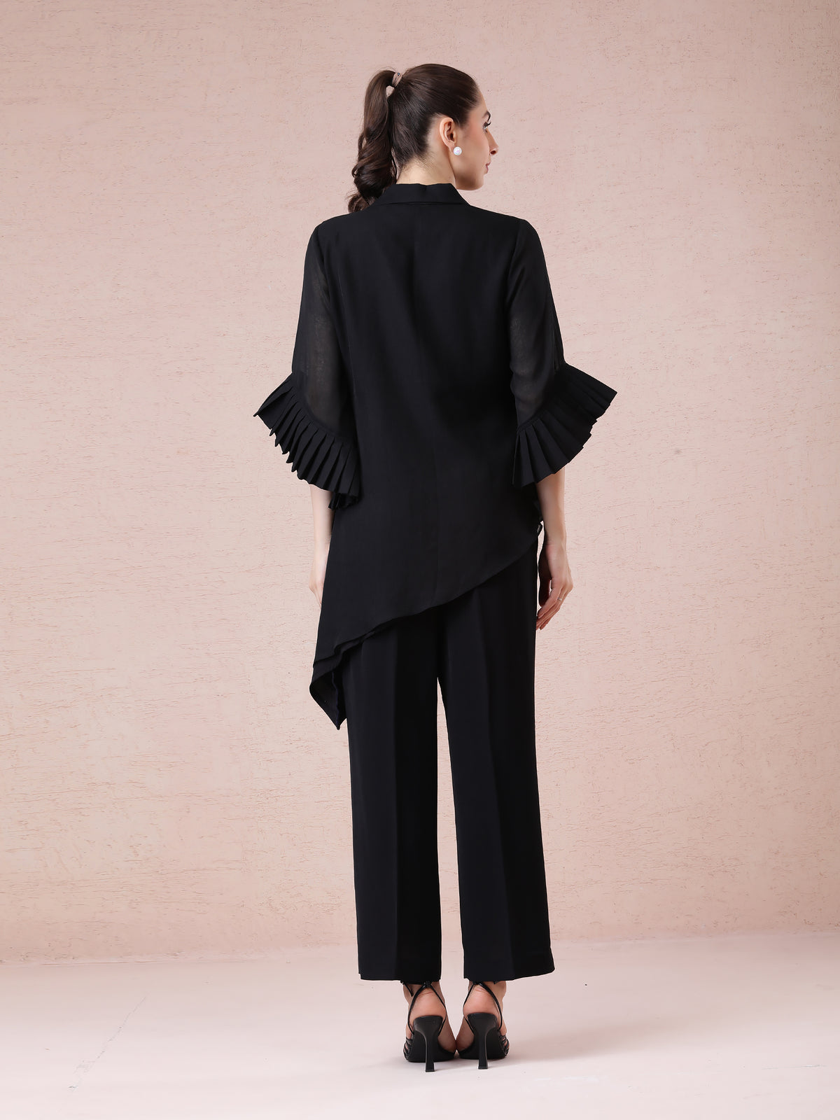 Black Linen Crepe Asymmetrical Set with Stylish Sleeves — product photo