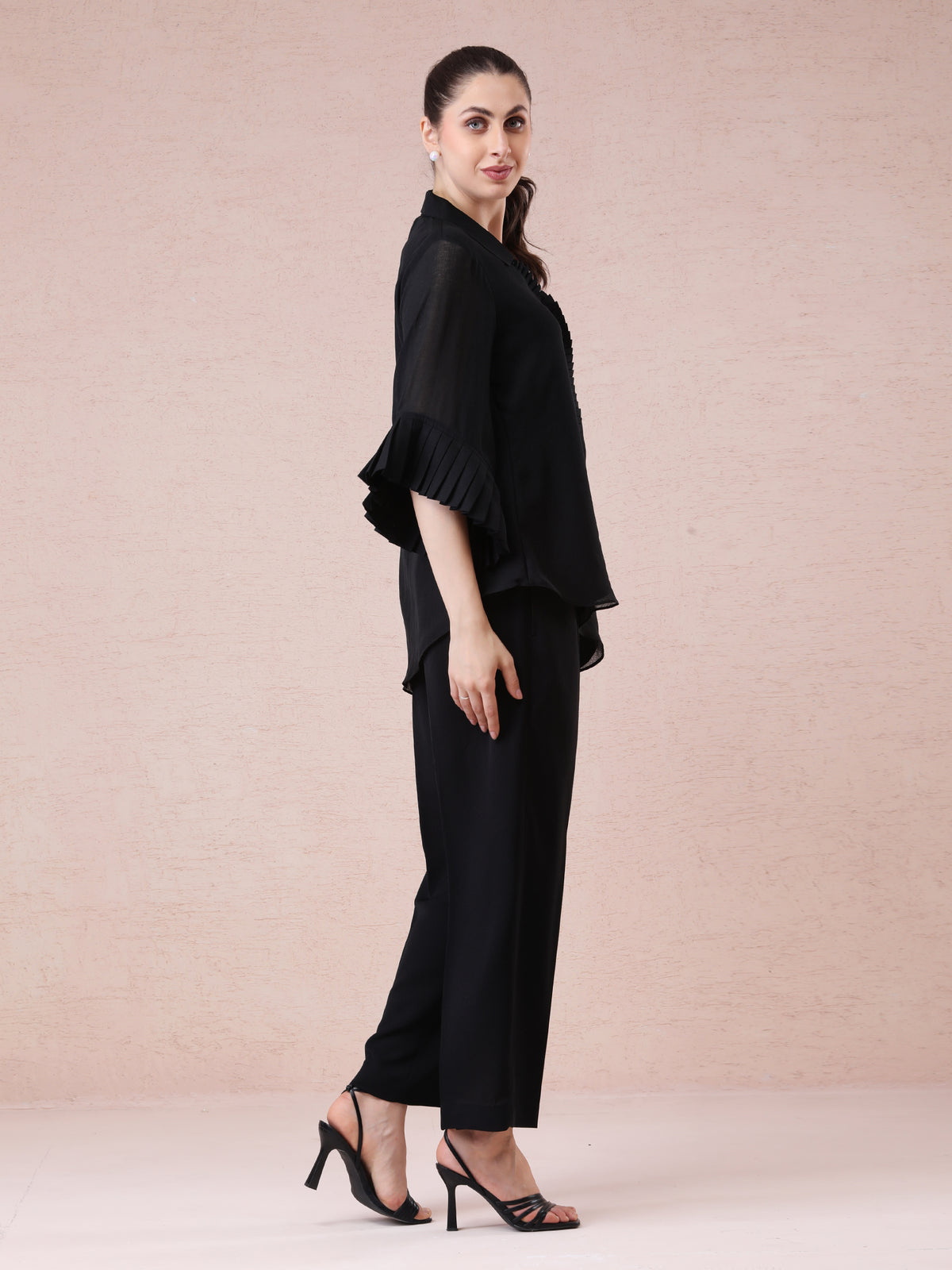 Black Linen Crepe Asymmetrical Set with Stylish Sleeves — product photo