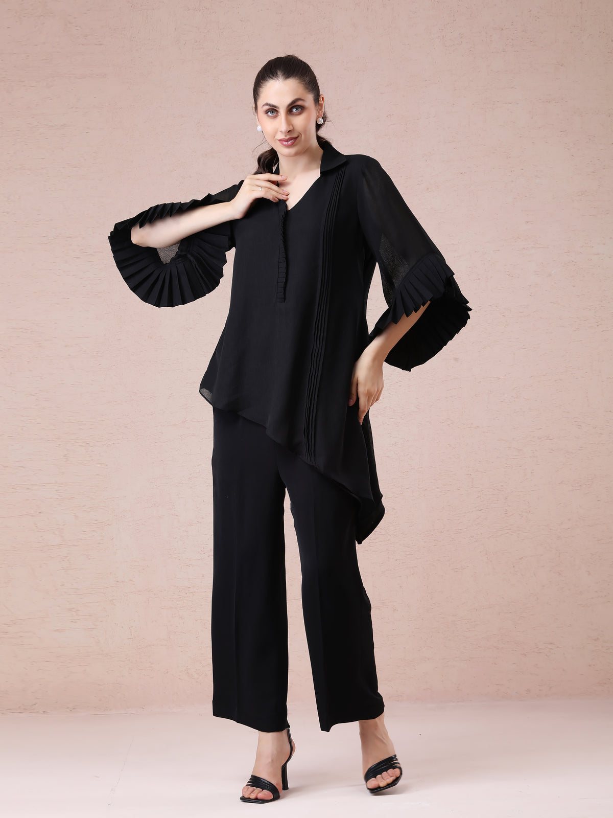 Black Linen Crepe Asymmetrical Set with Stylish Sleeves — product photo