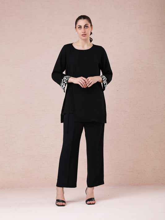 Black Georgette Coord Set with Resham Embroidered Cuffs