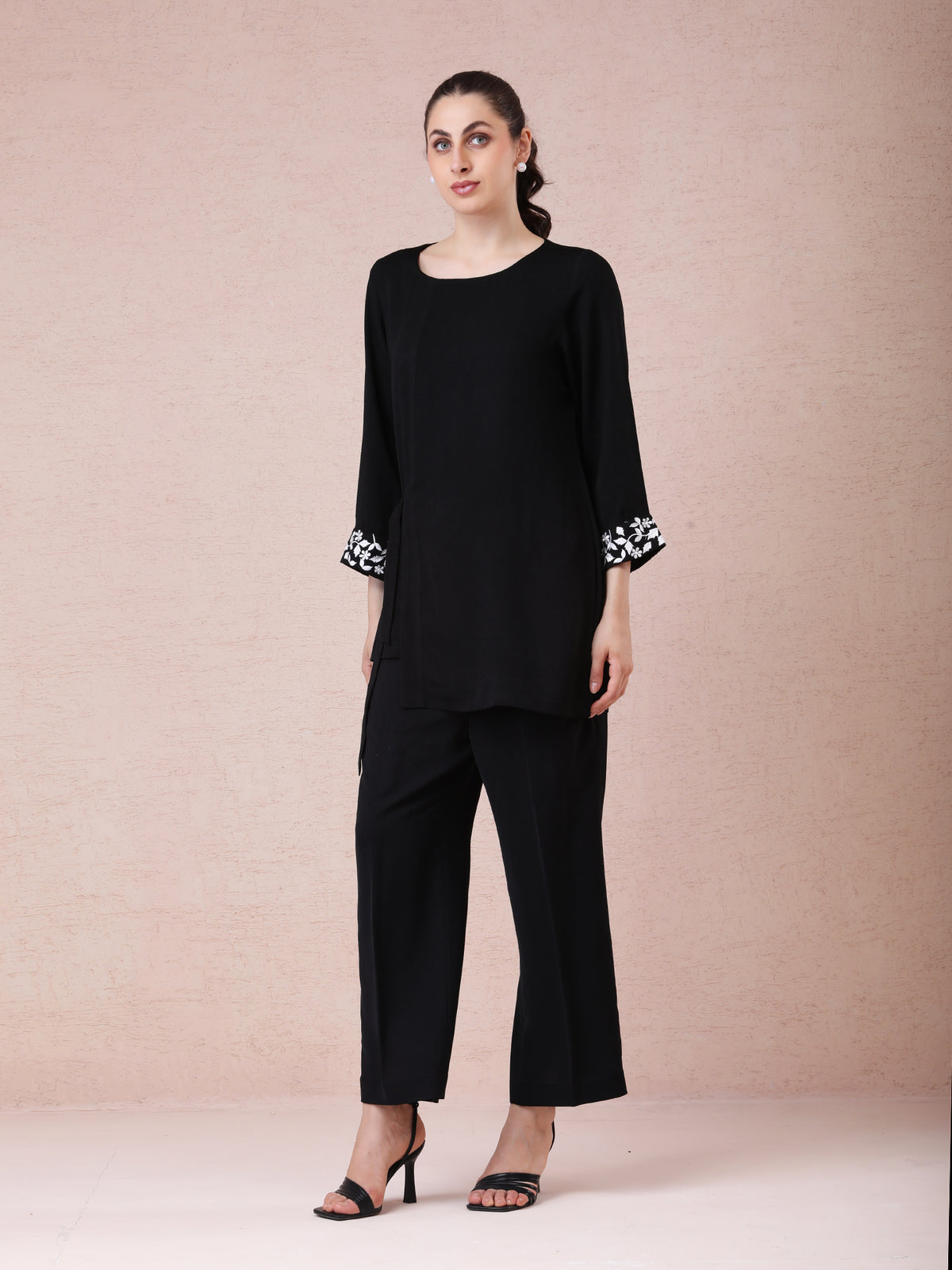 Black Georgette Coord Set with Resham Embroidered Cuffs — product photo