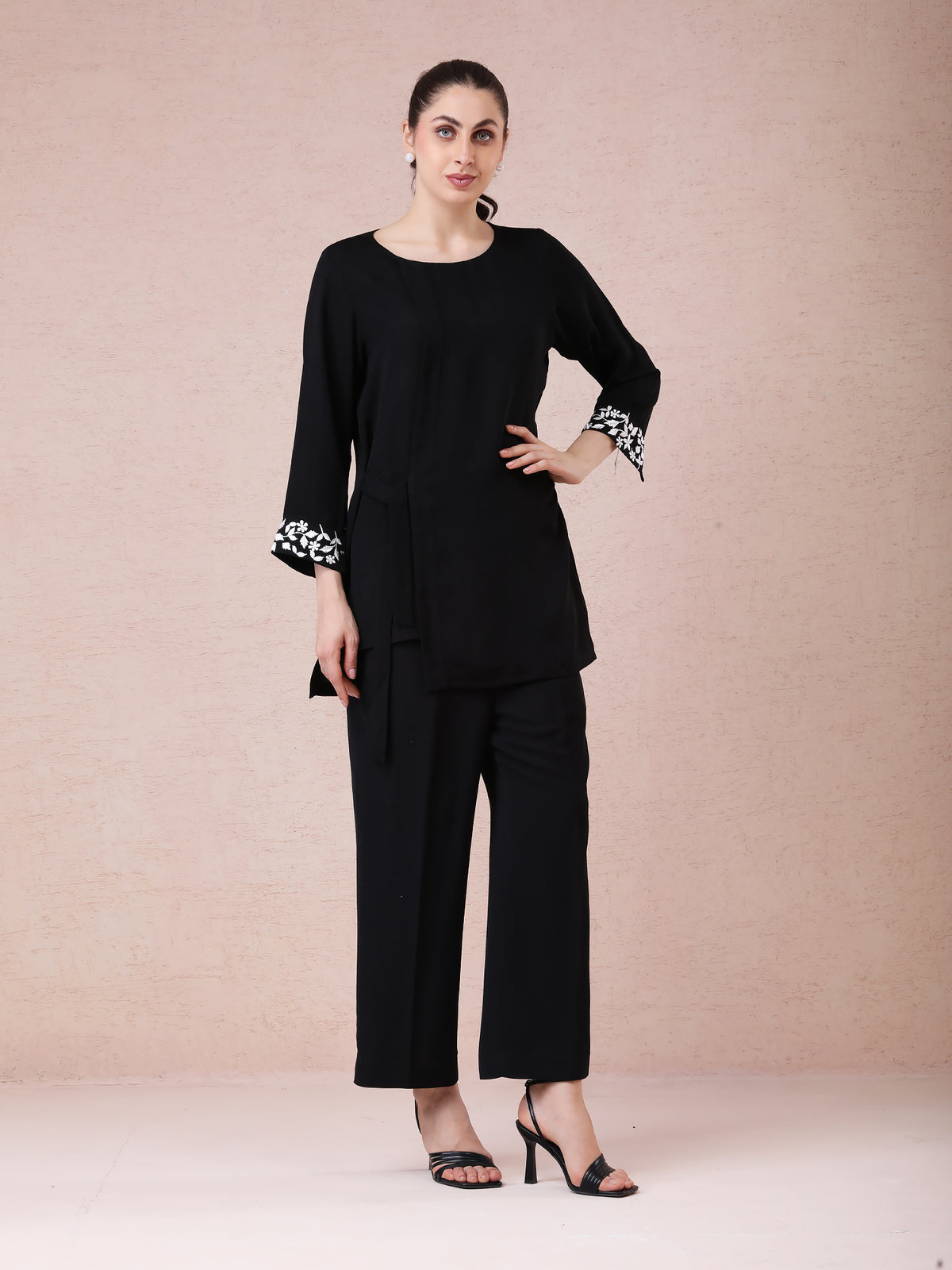 Black Georgette Coord Set with Resham Embroidered Cuffs — product photo
