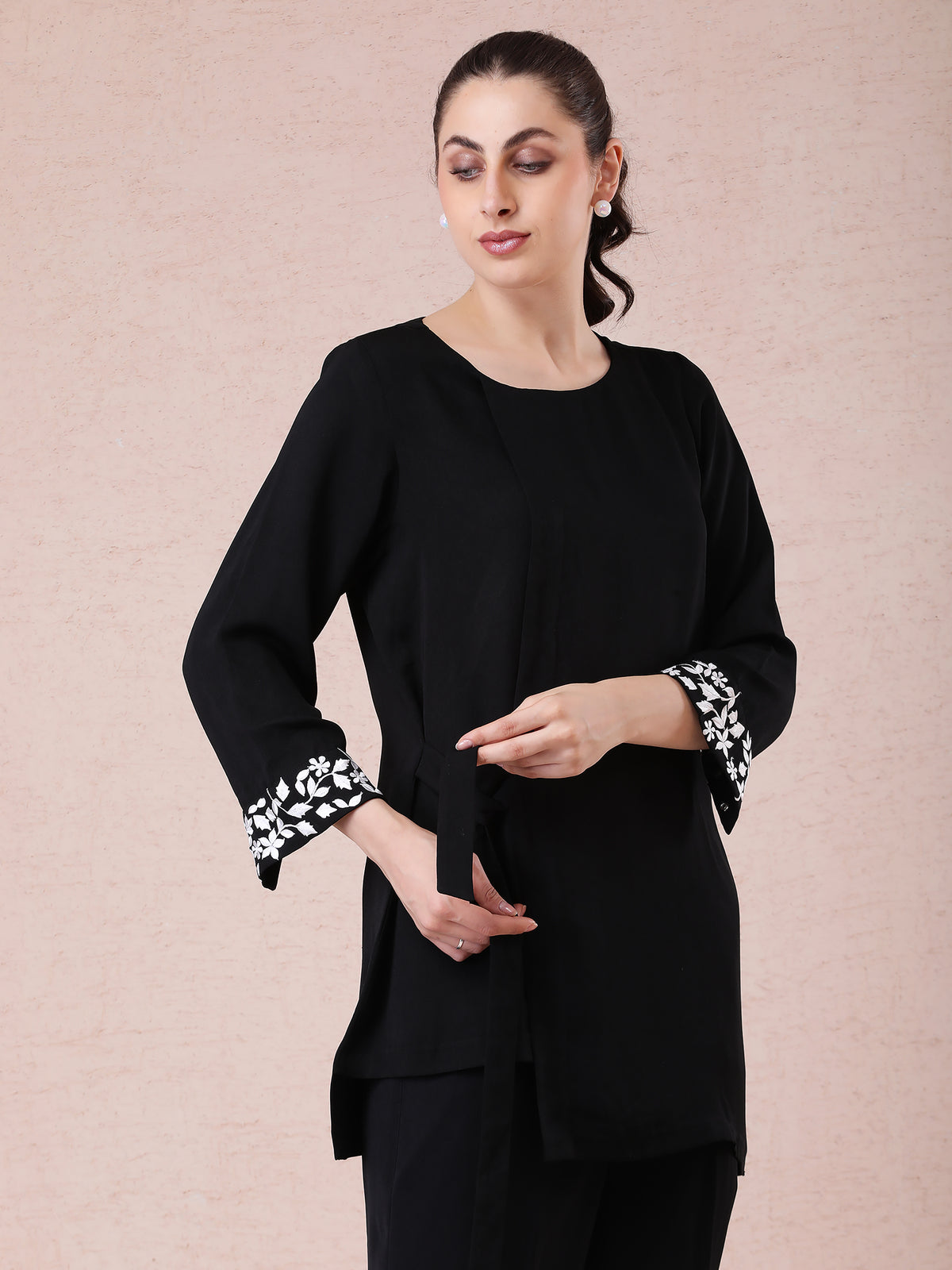 Black Georgette Coord Set with Resham Embroidered Cuffs — product photo