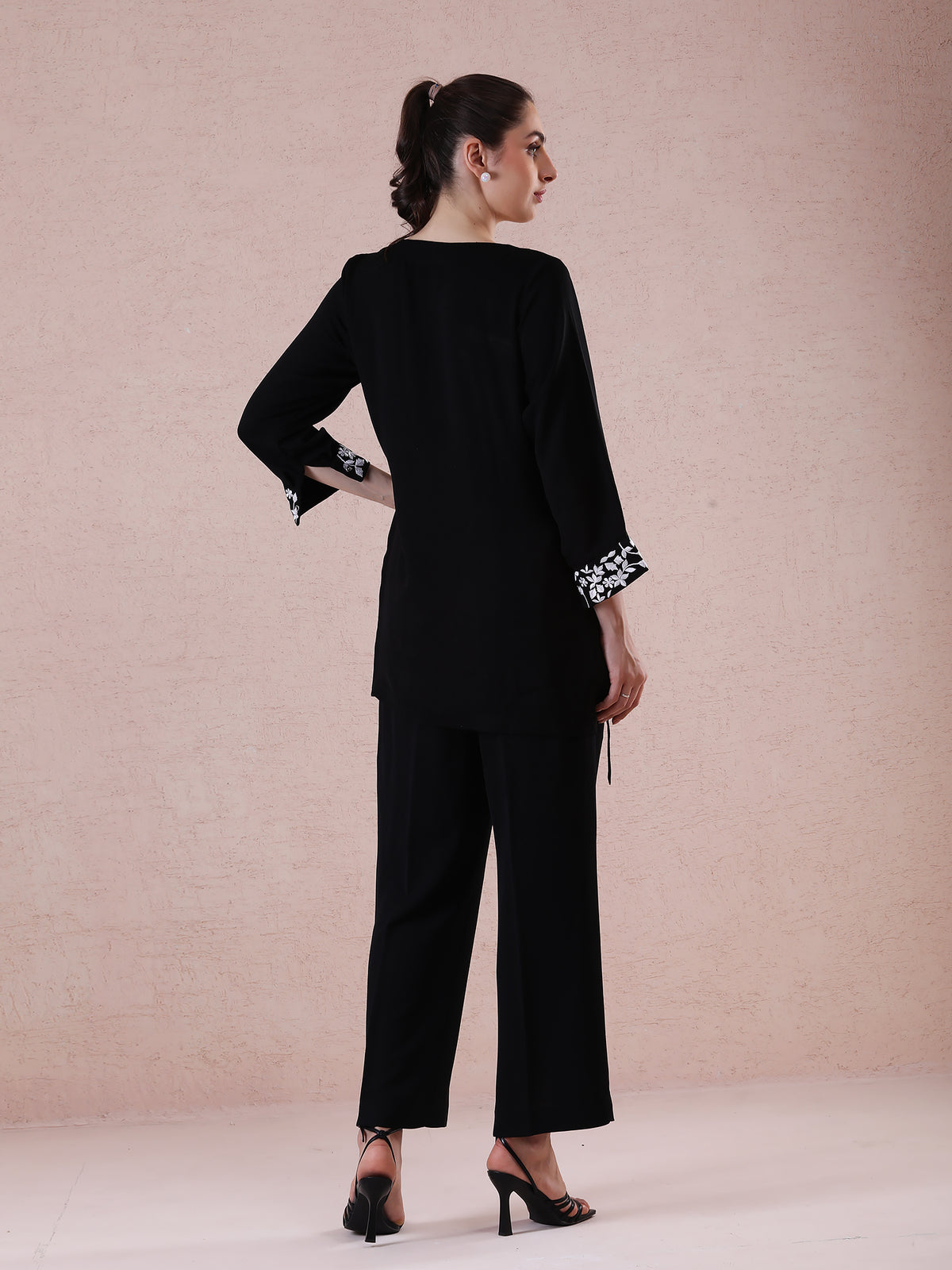 Black Georgette Coord Set with Resham Embroidered Cuffs — product photo